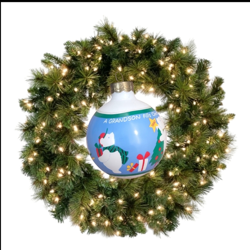 Hallmark "1990" Vintage " A Grandson Fills Christmas With Cheer Glass Ornament